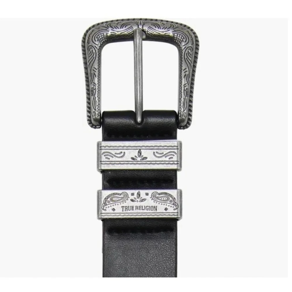 True Religion Palomo Western Belt Black Croc Embossed Silver Buckle Size 38 NWT